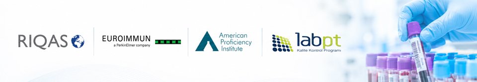 Banner featuring logos of RIQAS, Euroimmun, American Proficiency Institute, and labPT, with a gloved hand arranging purple-capped tubes on the right.