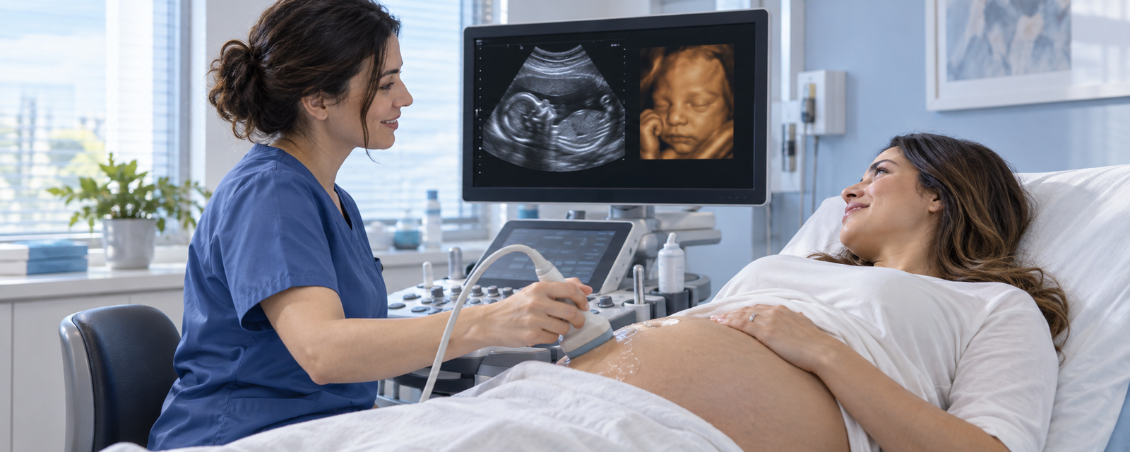 Gebelik ultrasonu sırasında anne adayının karnına prob uygulayan sağlık personeli ve ekrandaki hacimsel fetal görüntünün temsili görünümü