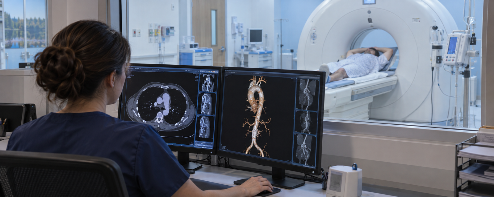 BT anjiyografi görüntülerini değerlendiren radyolog ve tomografi cihazındaki hastanın temsili görünümü