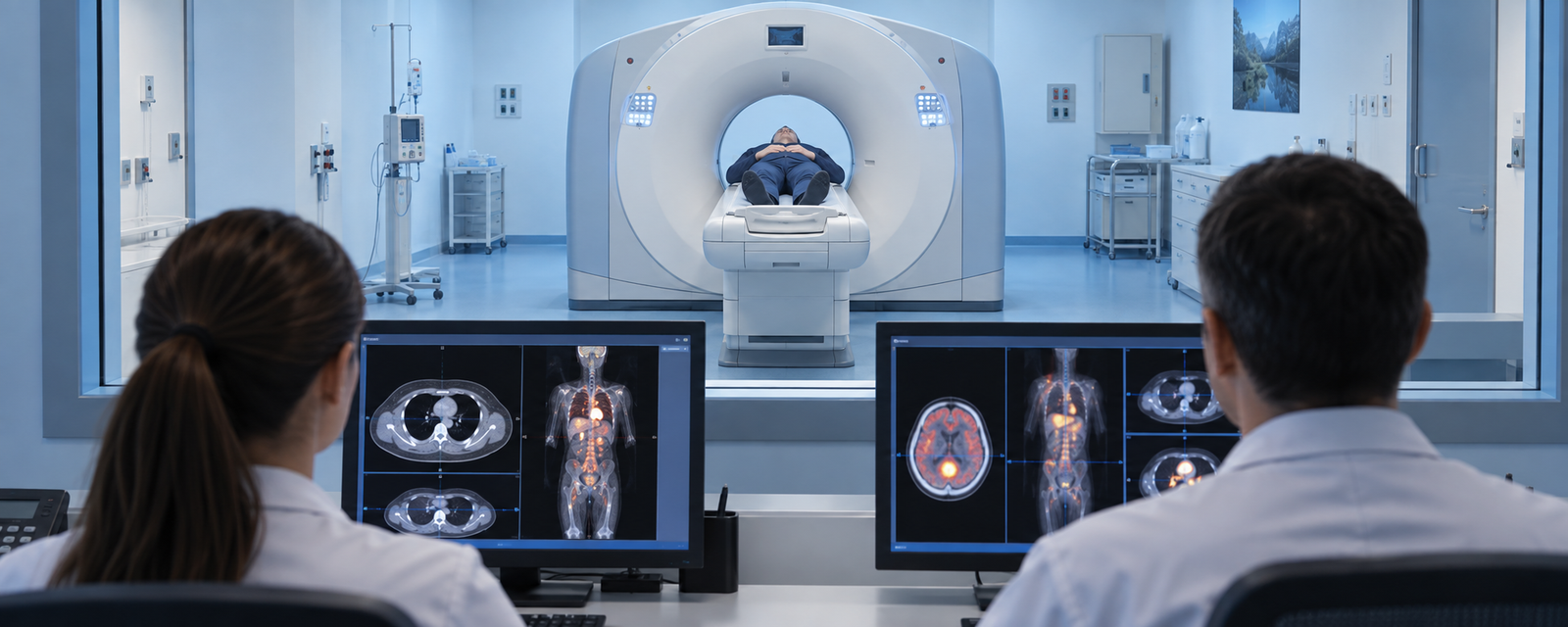 PET-CT cihazında hastanın görüntülenmesini ve kontrol odasındaki sağlık ekibini gösteren temsili görsel