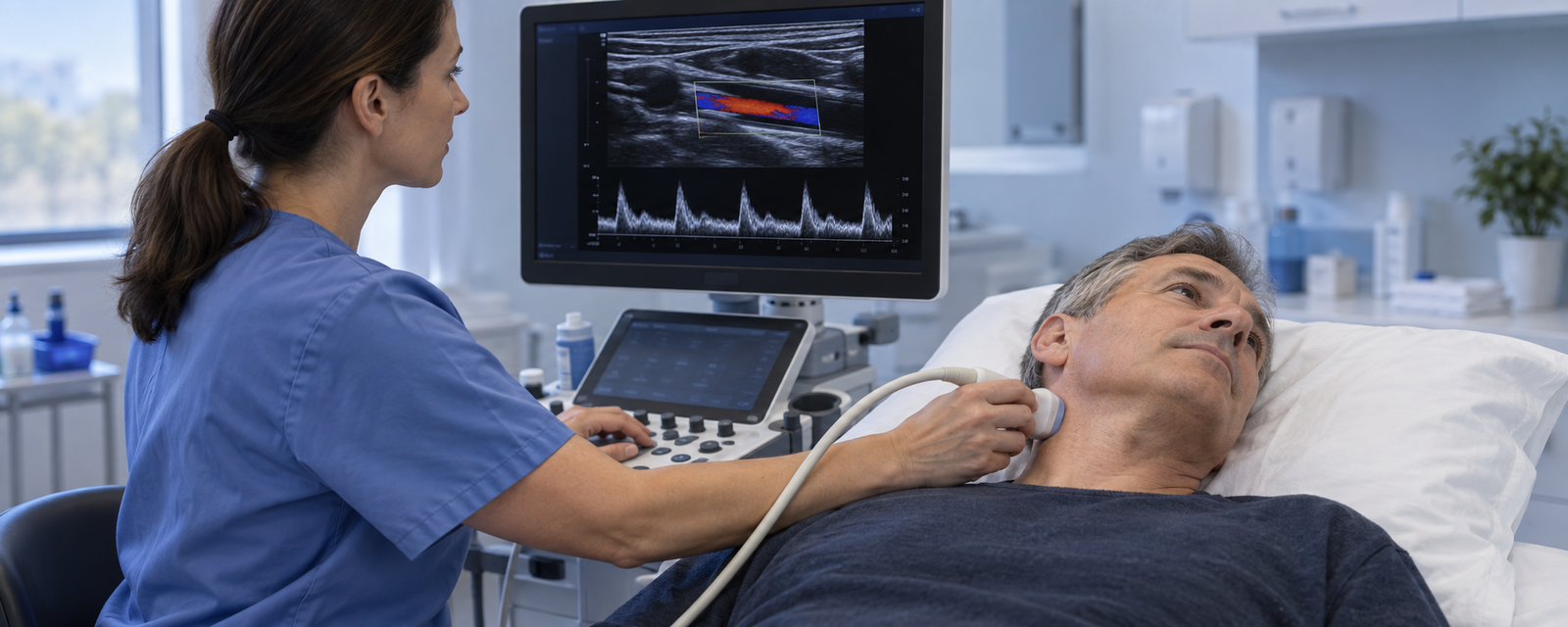 Boyun damarlarına ultrason probu uygulayan sağlık personeli ve ekranda renkli akım ile spektral Doppler grafiğinin temsili görünümü