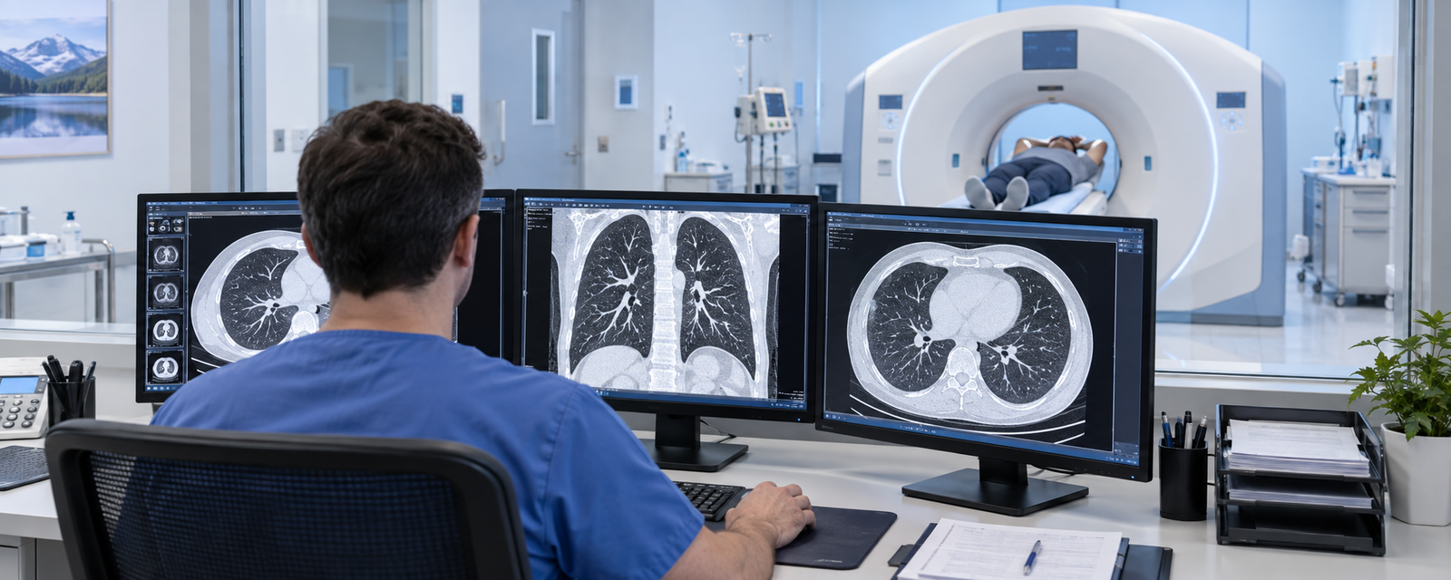 Akciğer BT kesitlerini inceleyen radyolog ve tomografi cihazındaki hastanın temsili görünümü