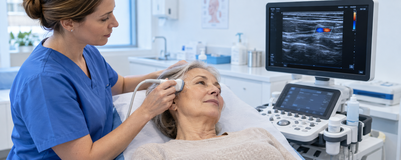 Şakak bölgesine ultrason probu uygulanarak temporal arter Doppler incelemesini temsil eden klinik sahne