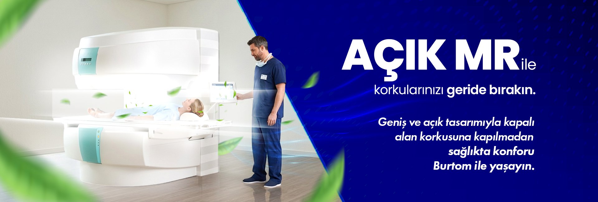 Patient lying on an MRI scanner while a clinician operates the control panel in a medical imaging room; bold blue banner with Turkish text on the right side.