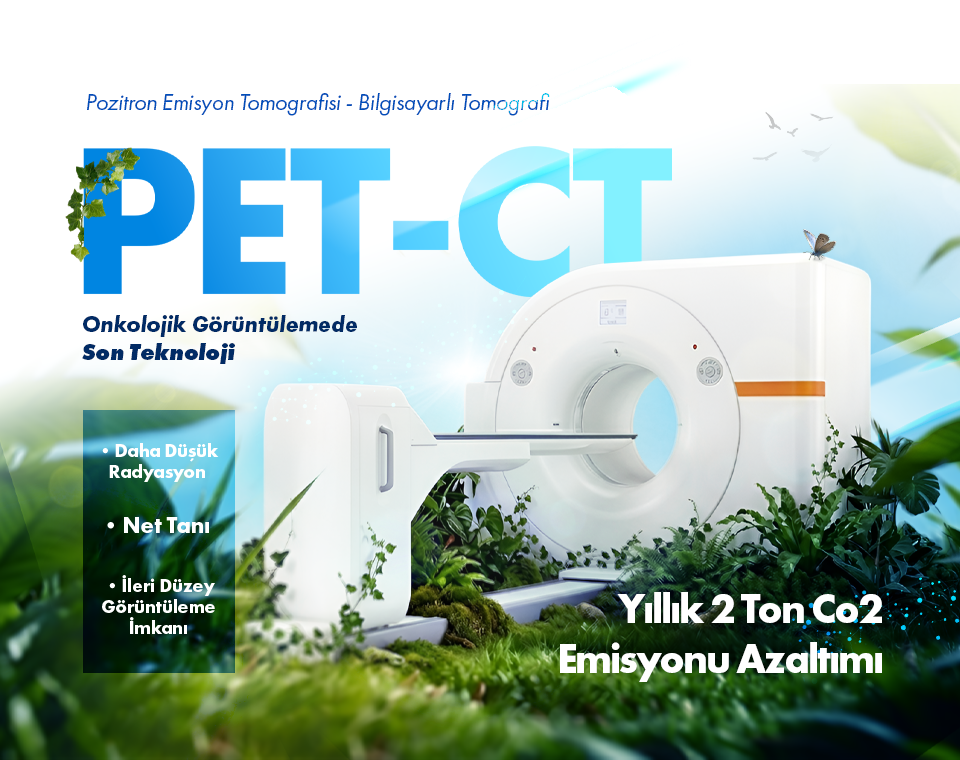 PET-CT scanner in a bright ad with Turkish headlines about oncology imaging and yearly CO2 reduction (2 tons).