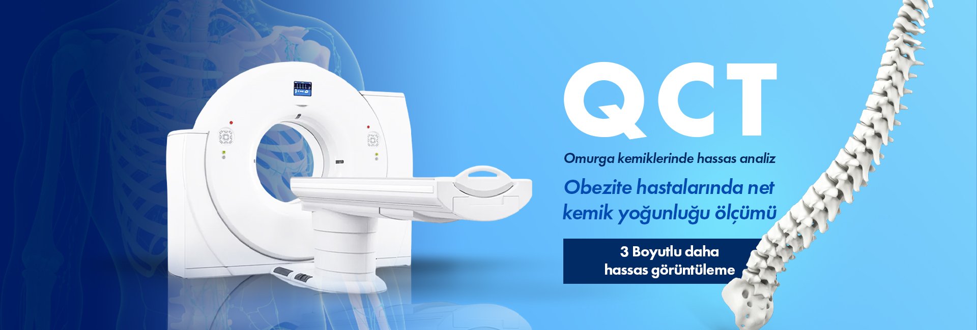 CT scanner on a blue gradient banner promoting precise spinal bone analysis in Turkish, with a spine graphic on the right.