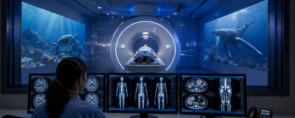 Patient lies on an MRI table inside a circular bore while a technician watches monitors displaying brain and skeleton MRI images in the control room.