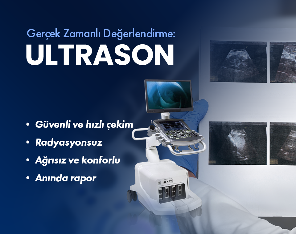 Gerçek zamanlı ultrason değerlendirmesi sunan tıbbi saha; ultrason cihazı ve listelenen avantajlar.