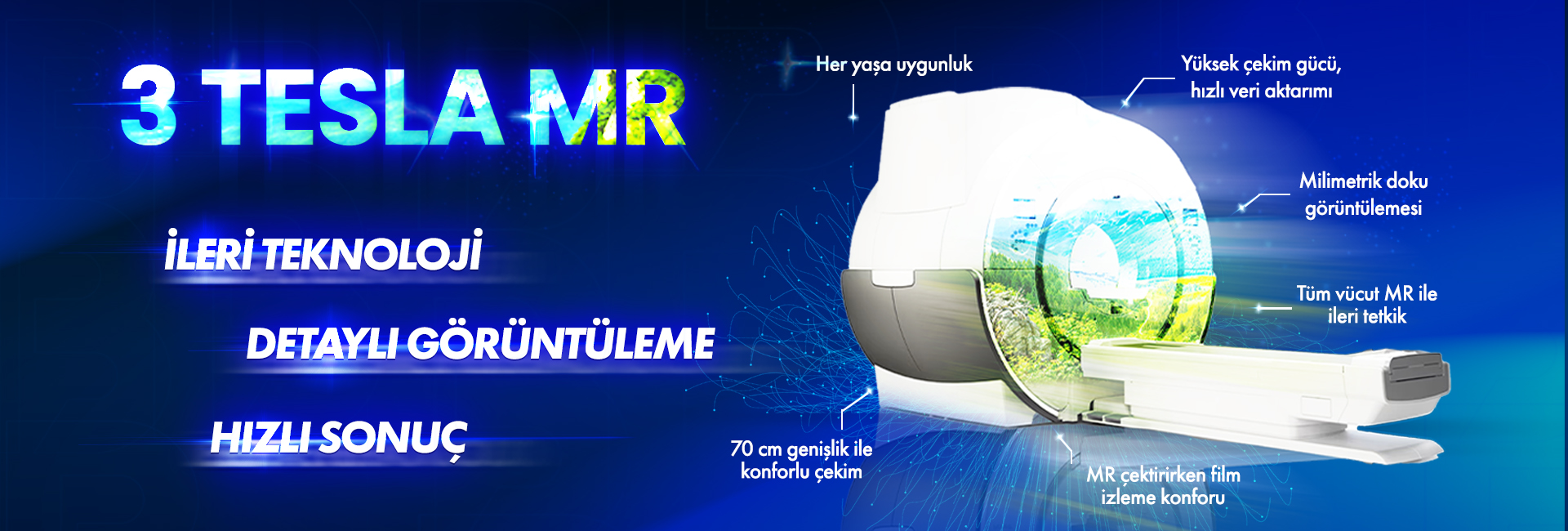 3 Tesla MR reklam afişi: modern MR cihazı ve arka planda mavi ışıklar, başlıklarda ileri teknolojiyi vurguluyor: Detaylı Görütüntüleme, Hızlı Sonuç, İleri Teknoloji.