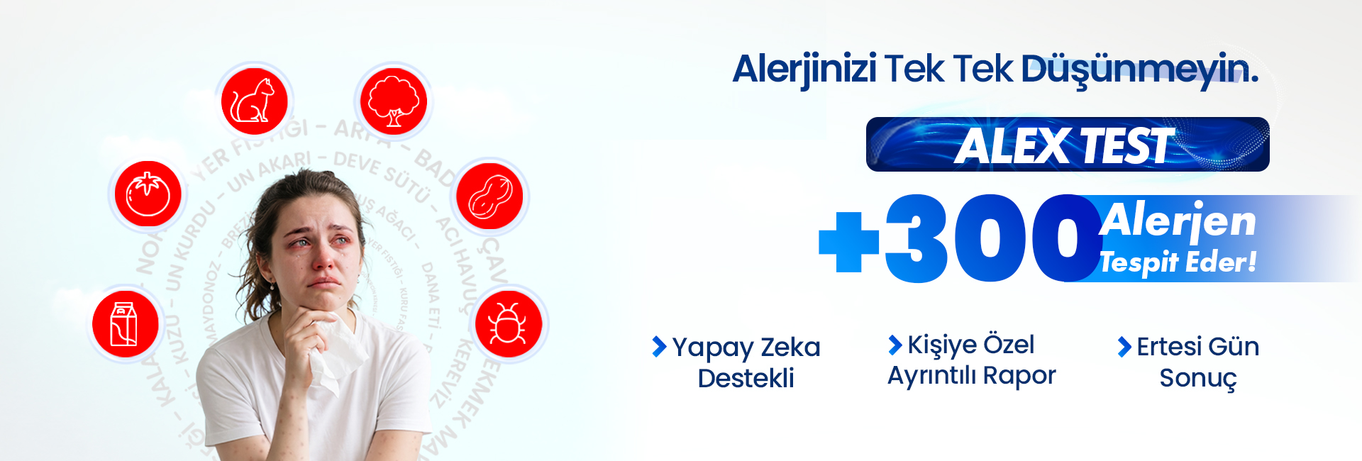 Alerji testi reklamı: Düşünceli kadın ile kırmızı alerjen ikonları çevrede dolaşıyor; 300'den fazla alerjen tespiti iddiası.