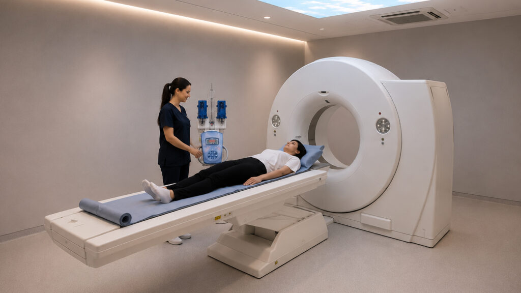 Patient lies on an imaging table beside a large MRI scanner as a technician stands nearby with controls and equipment in a clinical room.