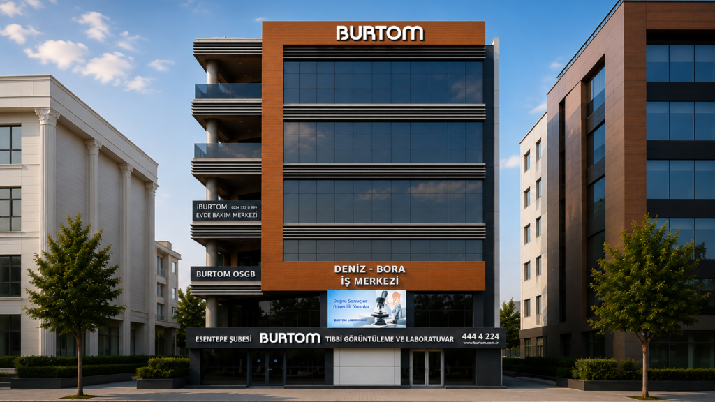 Modern glass-front office building with an orange-brown frame and BURTOM sign at the top.