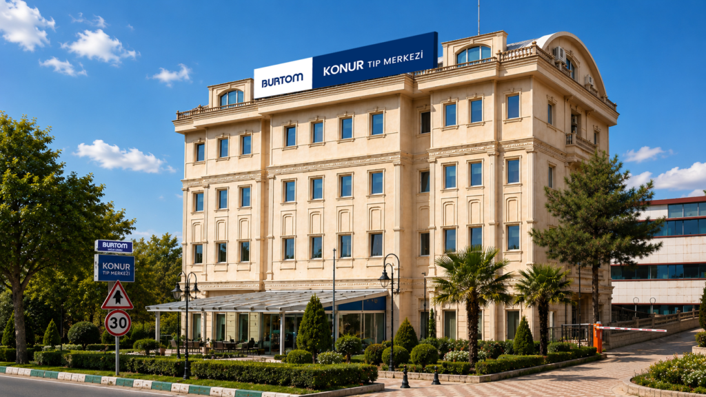 Beige multi-story medical center with a blue and white BURTOM KONUR TIP MERKEZI sign on the roof against a clear blue sky.