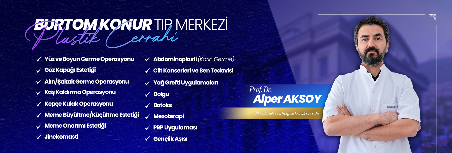 Plastic surgery clinic banner with Dr. Alper Aksoy on the right and a two-column list of Turkish cosmetic procedures on the left.