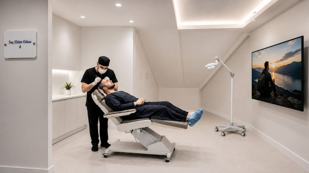 Medical professional in mask and gloves performs a procedure on a man reclining in a hair‑transplant clinic room.