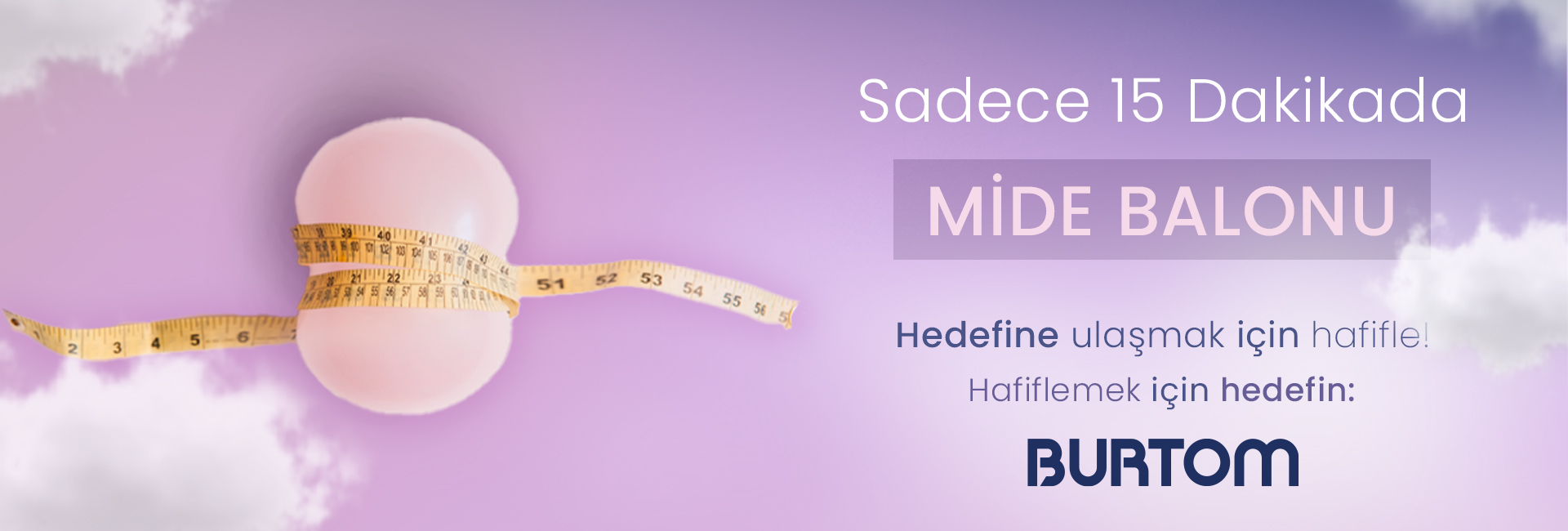 Turkish weight‑loss ad banner for 'Mide Balonu': pink balloon wrapped with measuring tape on a purple sky background.