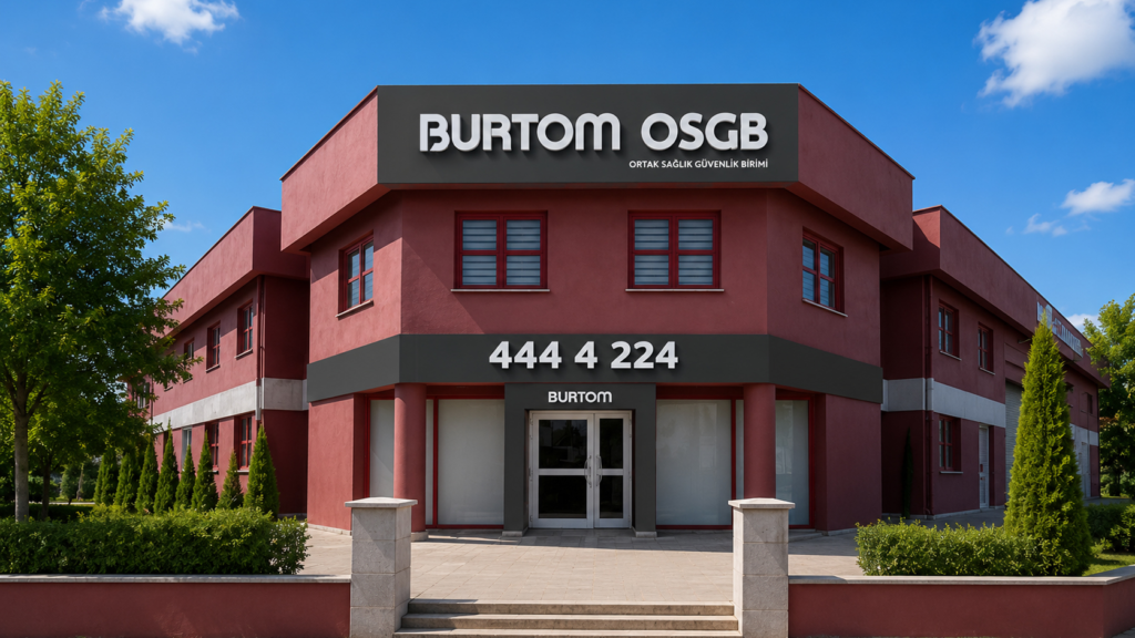 Front view of a burgundy office building with BURTOM OSGB sign and large phone number above the entrance.