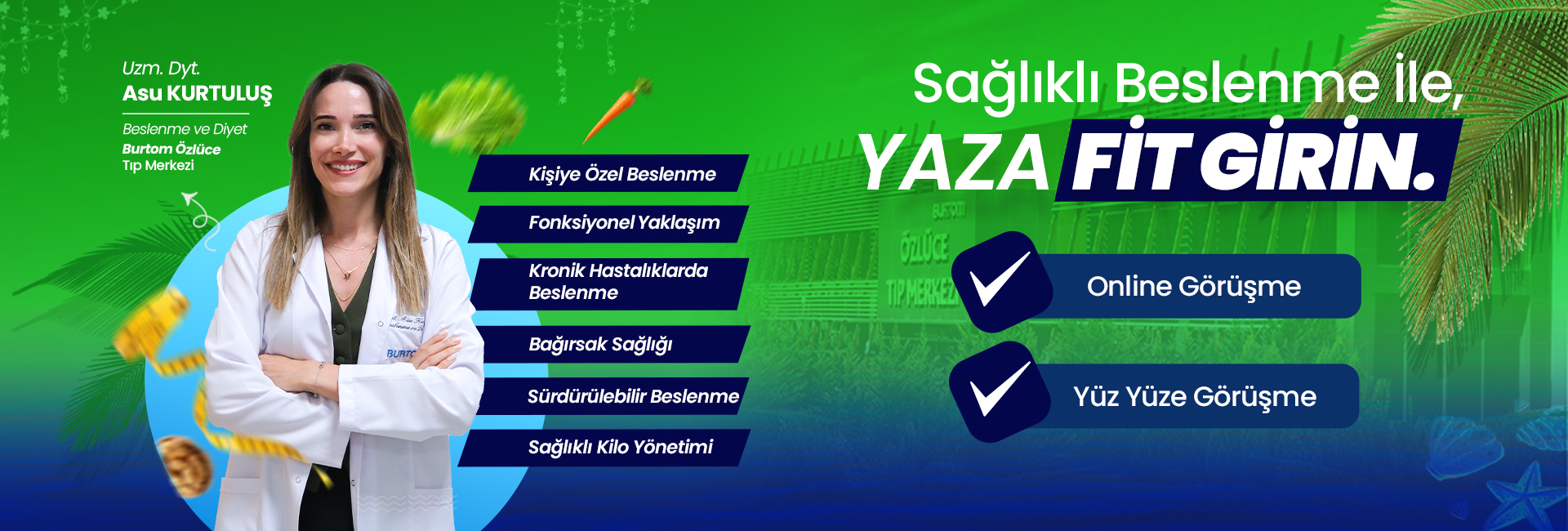 Diyetisyen kadın beyaz önlükle, yeşil gradyan arka planda hizmetler listesini gösteren reklam afişi. Online ve yüz yüze görüşme seçenekleri bulunuyor.