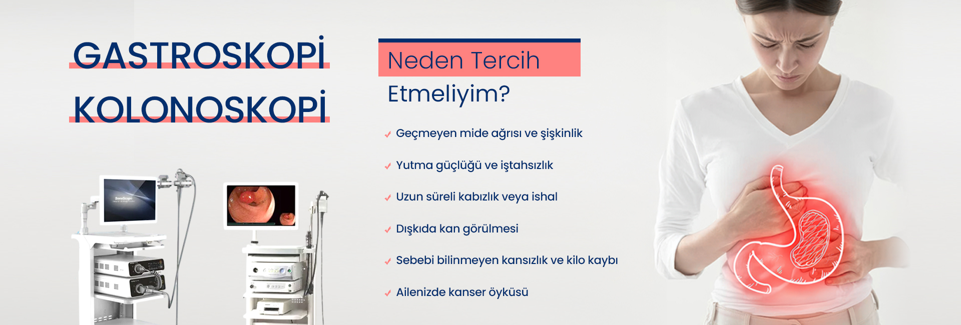 Türkçe duyuru afişi: Gastroskopi ve Kolonoskopi başlıkları sol, orta gambitte 'Neden Tercih Etmeliyim?' ve çeşitli mide-bağırsak şikayetlerini listeleyen maddeler; sağda ağrılı karnını tutan kadın ve kırmızı mide sembolü.