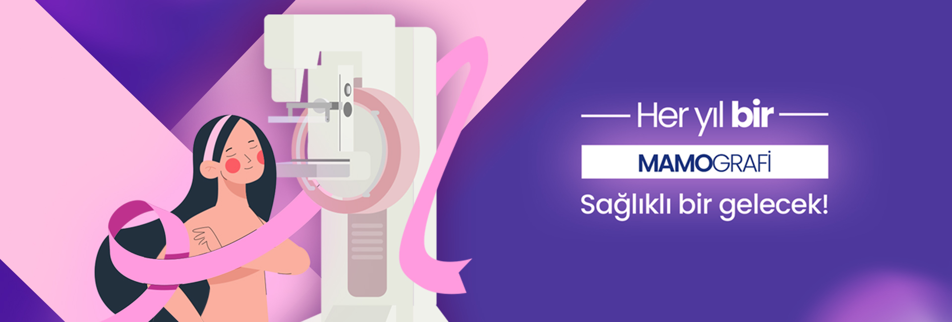 Illustration of a woman next to a mammography machine with a pink ribbon, promoting breast cancer screening in Turkish text on a purple background.