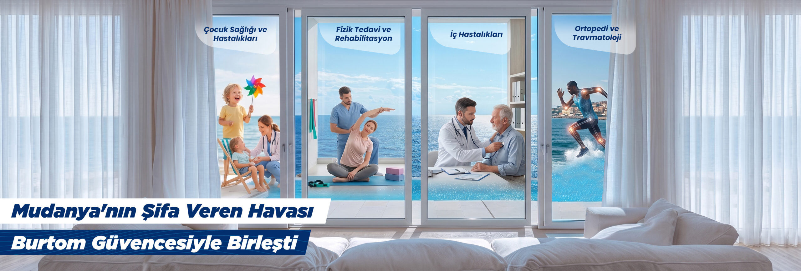 Seaside hospital advert with four panels: pediatrics, physical therapy, internal medicine, orthopedics; ocean view and Turkish slogans beneath.