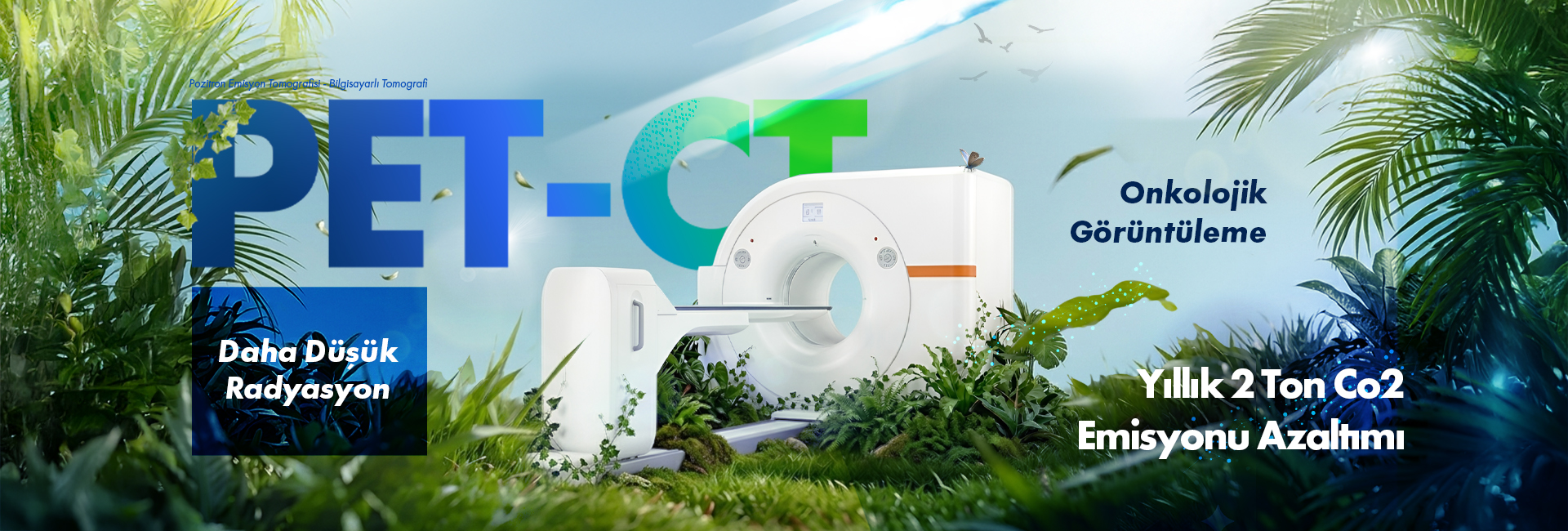 PET-CT scanner set in a lush jungle, highlighting low radiation and eco-friendly oncology imaging for CO2 reduction/ slogans in Turkish.