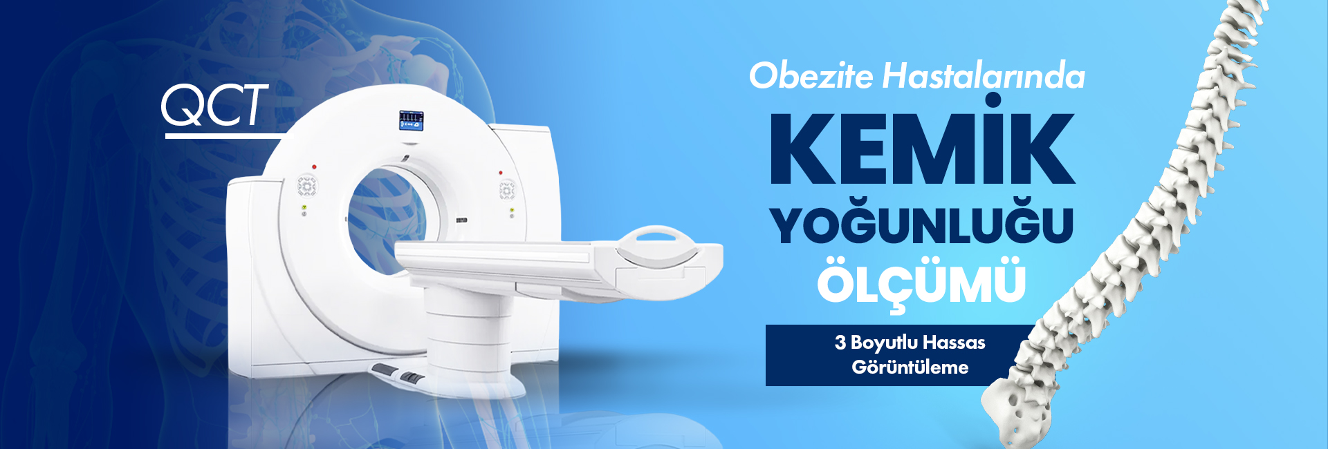 CT scanner with a spinal column graphic on a blue gradient banner, advertising bone density measurement for obese patients in Turkish.