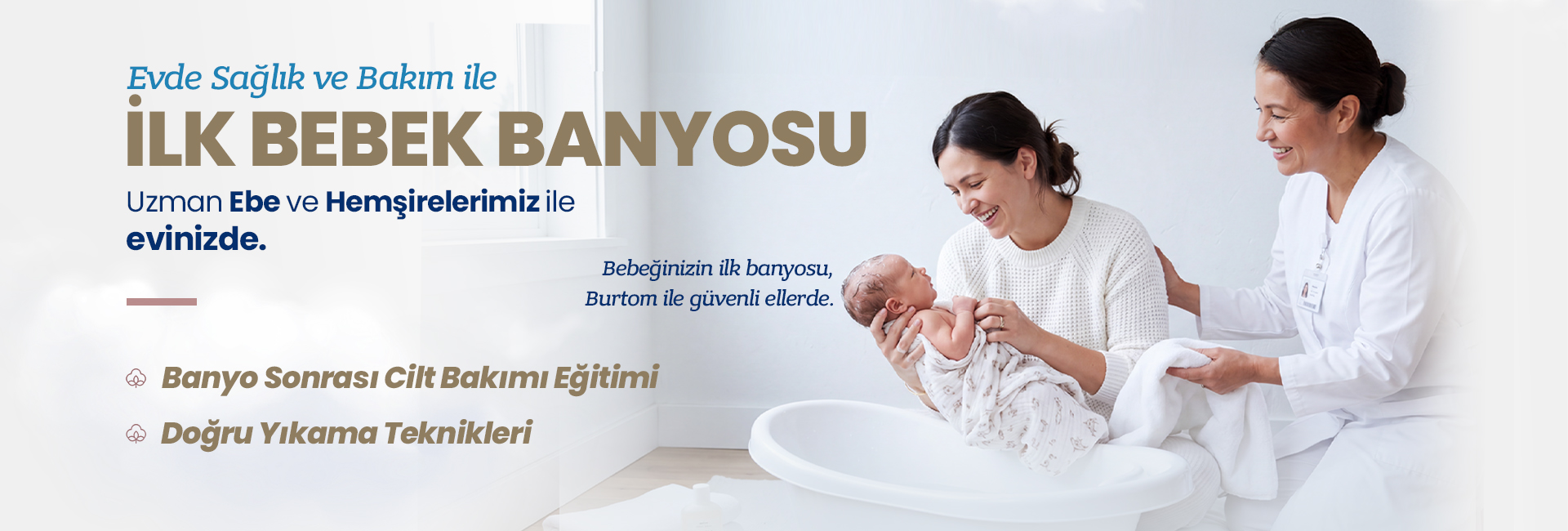 A nurse assists a mother bathing her newborn in a bright bathroom; banner promoting postnatal care services.