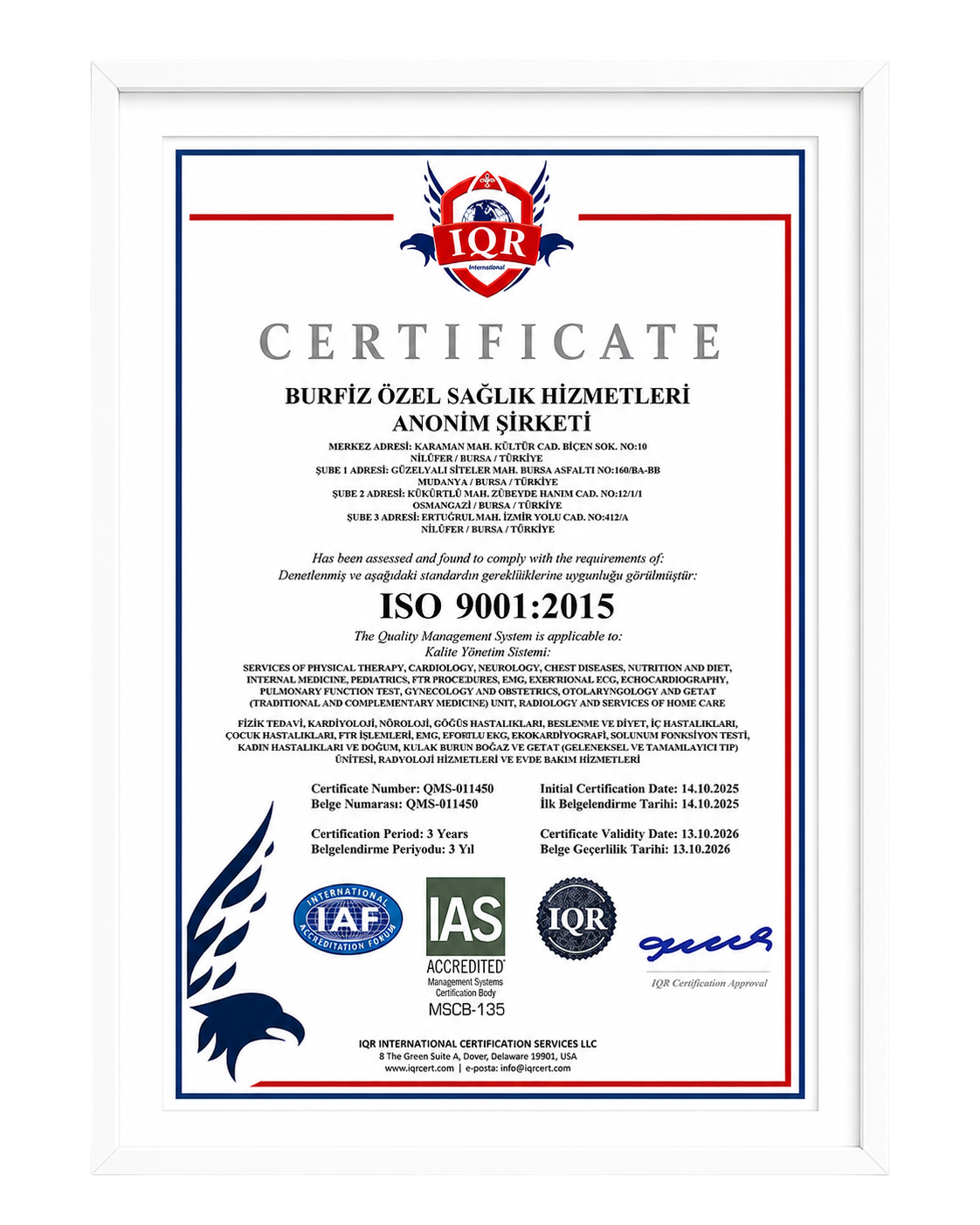 BURFİZ ISO 9001:2015 Kalite Yönetim Sistemi Belgesi