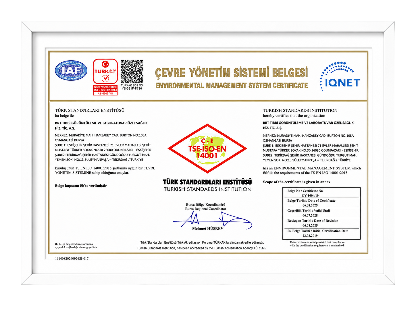 BRT TS EN ISO 14001:2015 Çevre Yönetim Sistemi Belgesi