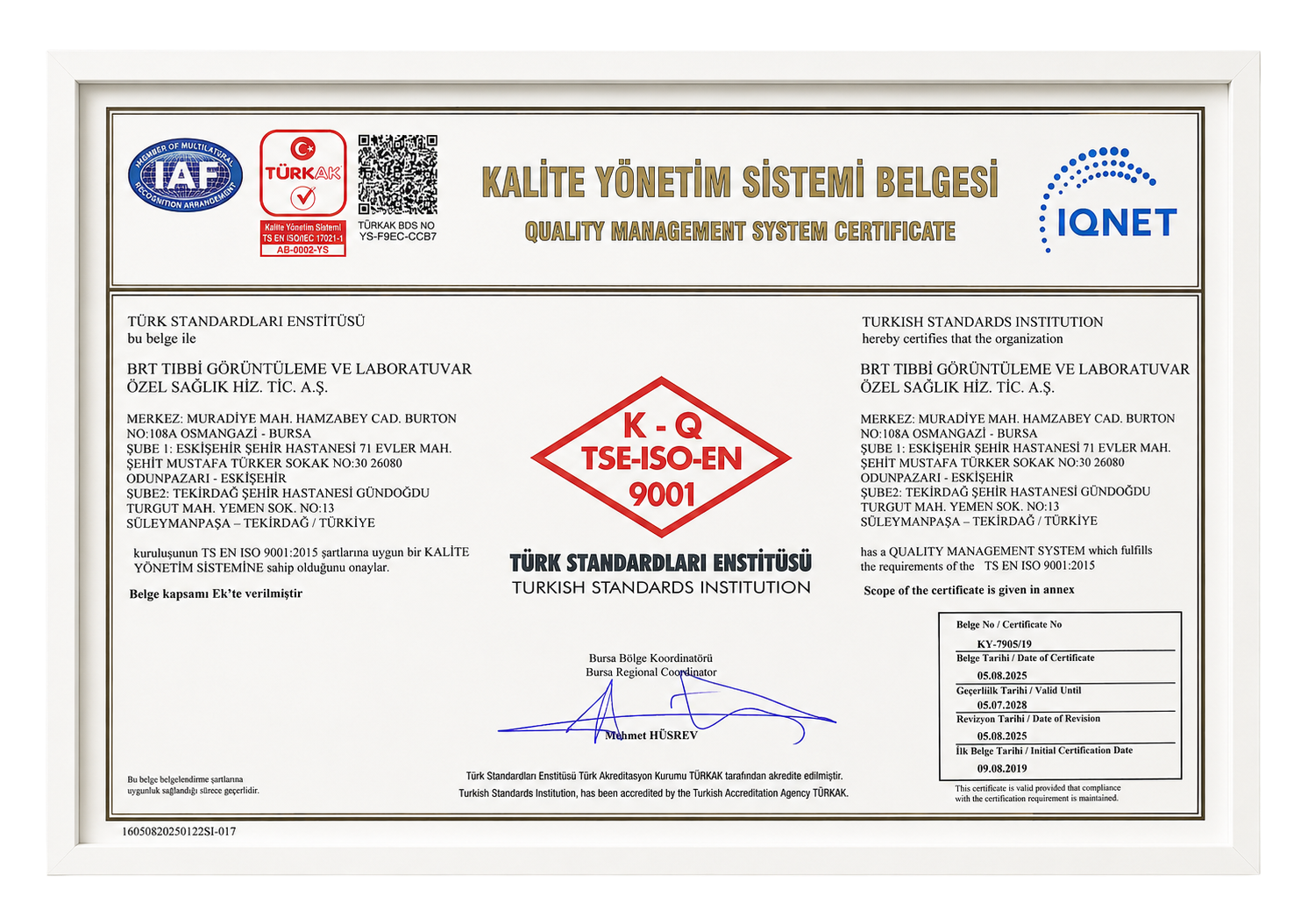 BRT TS EN ISO 9001:2015 Kalite Yönetim Sistemi Belgesi