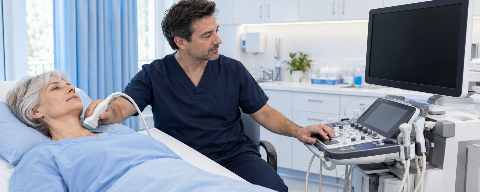 Boyun Doppler ultrasonografisi sırasında yüzeysel probla değerlendirilen hasta